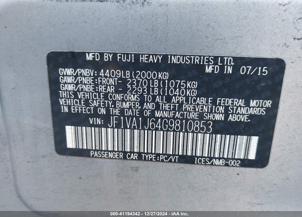 2016 SUBARU WRX LIMITED VIN: JF1VA1J64G9810853