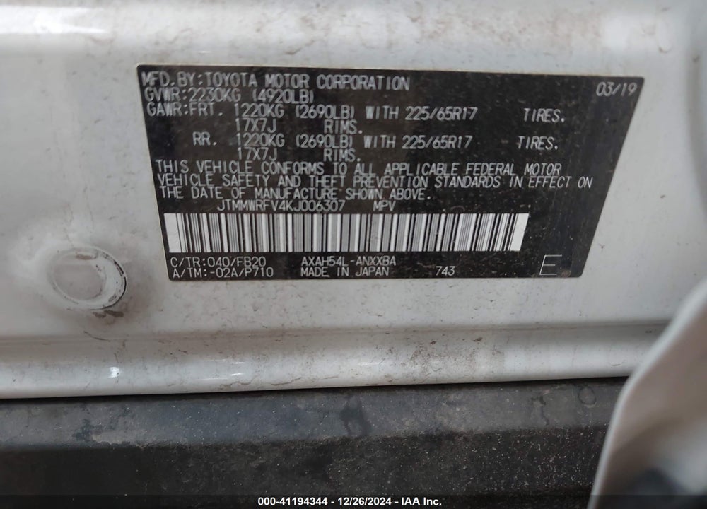 2019 TOYOTA RAV4 HYBRID VIN: JTMMWRFV4KJ006307