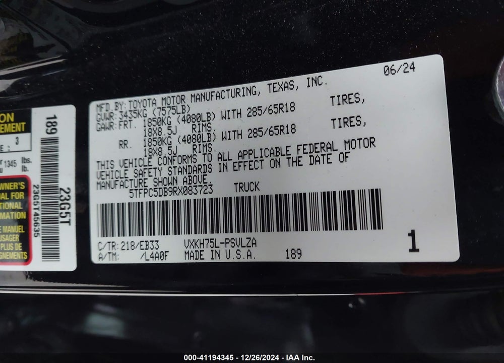 2024 TOYOTA TUNDRA HYBRID VIN: 5TFPC5DB9RX083723