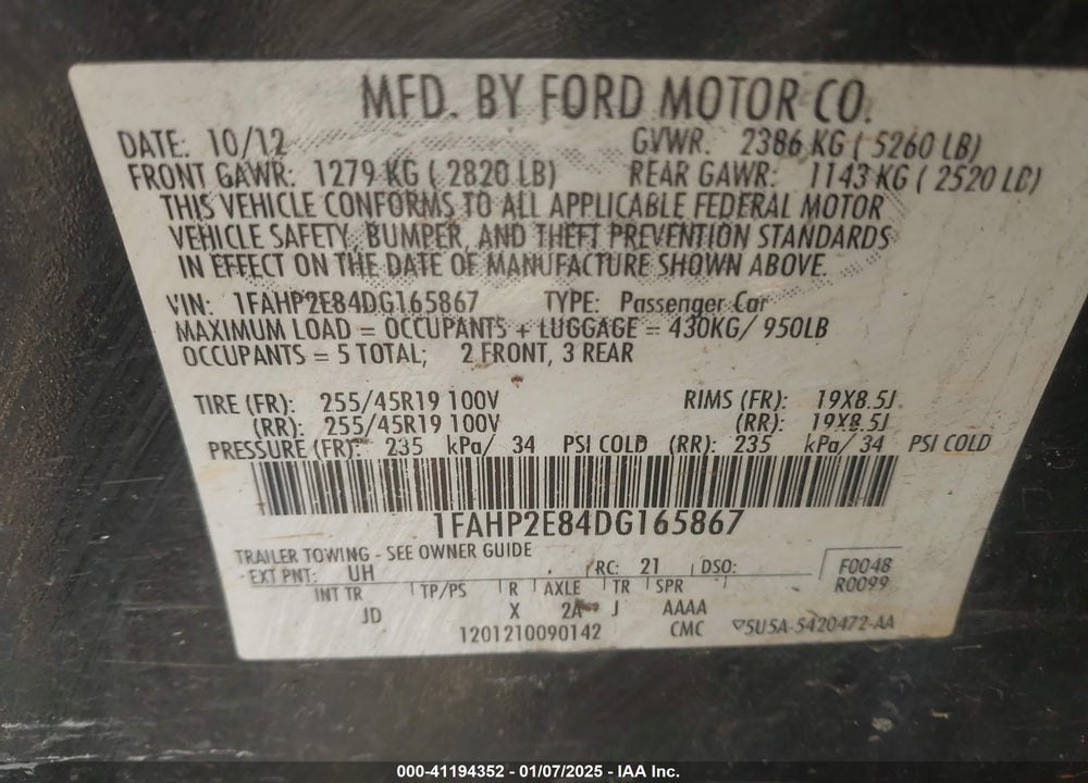 2013 FORD TAURUS VIN: 1FAHP2E84DG165867