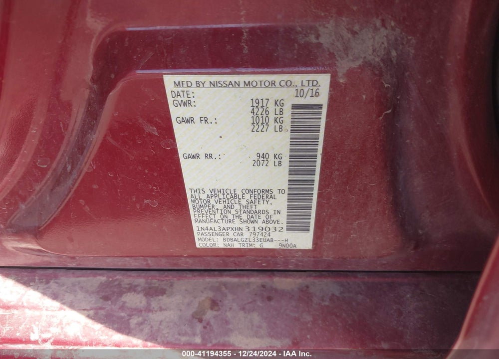 2017 NISSAN ALTIMA VIN: 1N4AL3APXHN319032