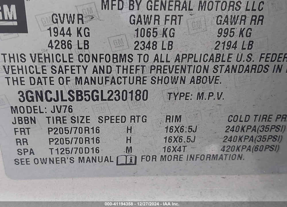 2016 CHEVROLET TRAX VIN: 3GNCJLSB5GL230180