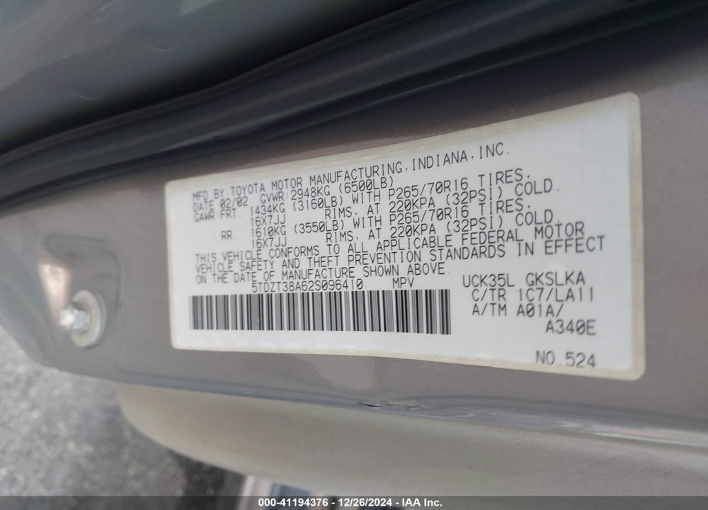 2002 TOYOTA SEQUOIA LIMITED V8 VIN: 5TDZT38A62S096410
