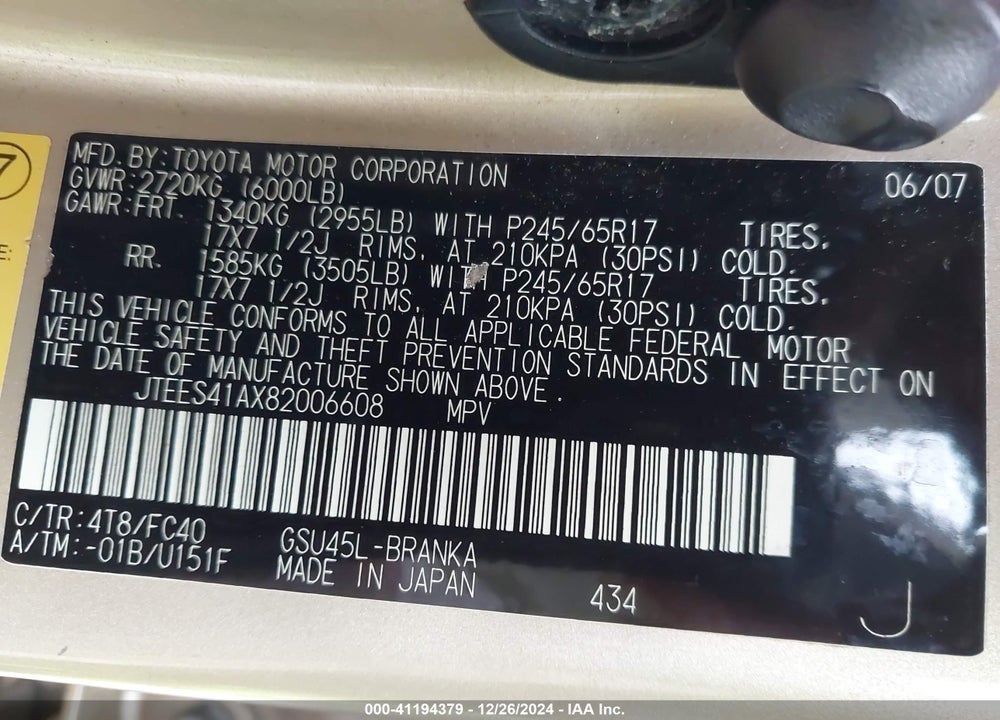2008 TOYOTA HIGHLANDER VIN: JTEES41AX82006608