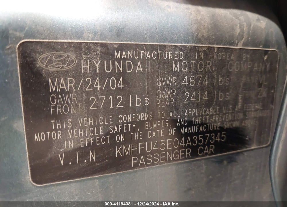 2004 HYUNDAI XG350 L VIN: KMHFU45E04A357345