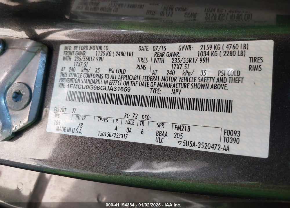 2016 FORD ESCAPE SE VIN: 1FMCU0G96GUA31659