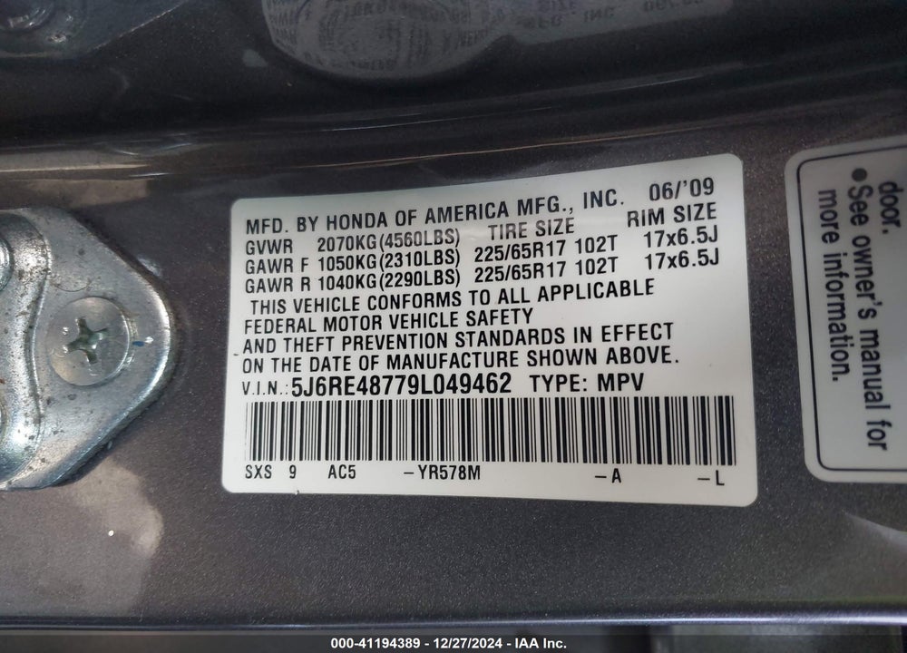 2009 HONDA CR-V EX-L VIN: 5J6RE48779L049462