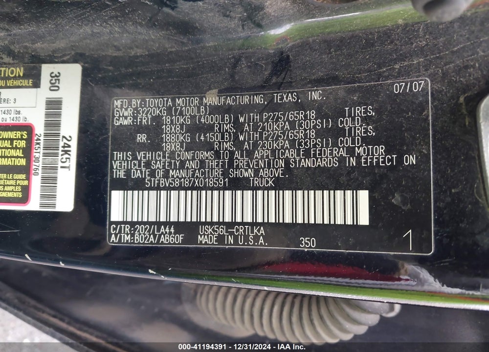 2007 TOYOTA TUNDRA LIMITED 5.7L V8 VIN: 5TFBV58187X018591