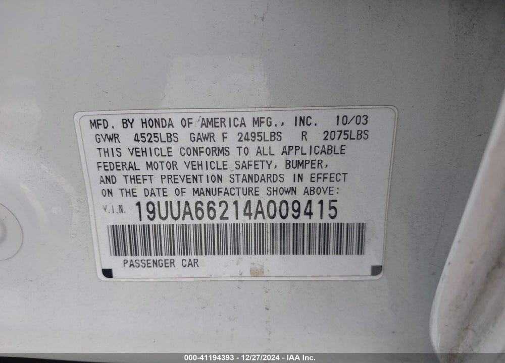 2004 ACURA TL VIN: 19UUA66214A009415