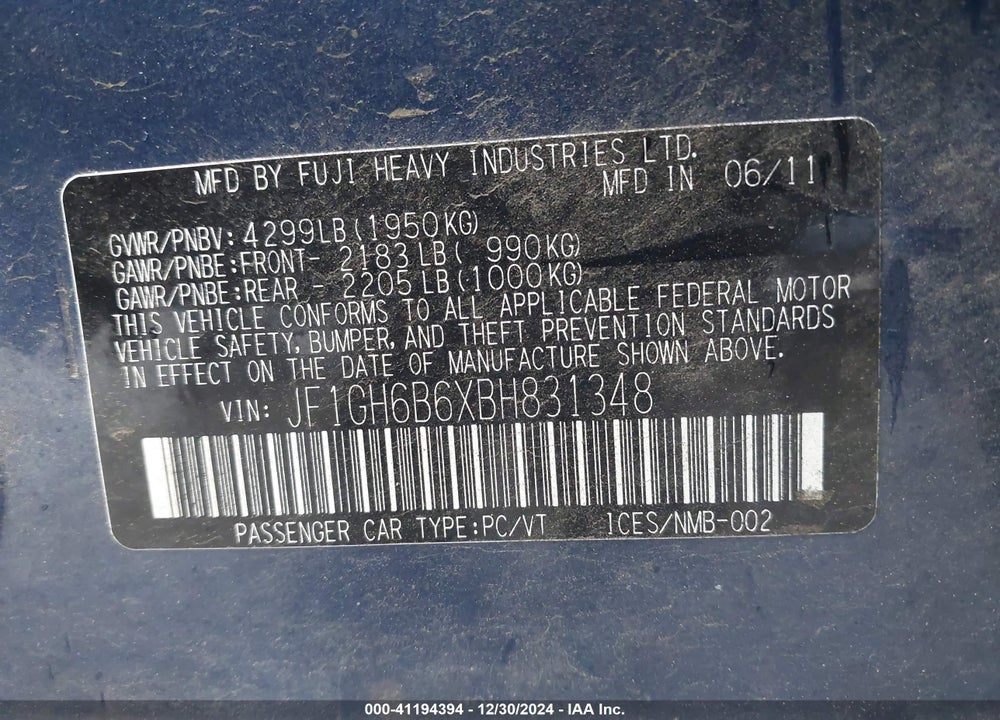 2011 SUBARU IMPREZA 2.5I PREMIUM VIN: JF1GH6B6XBH831348