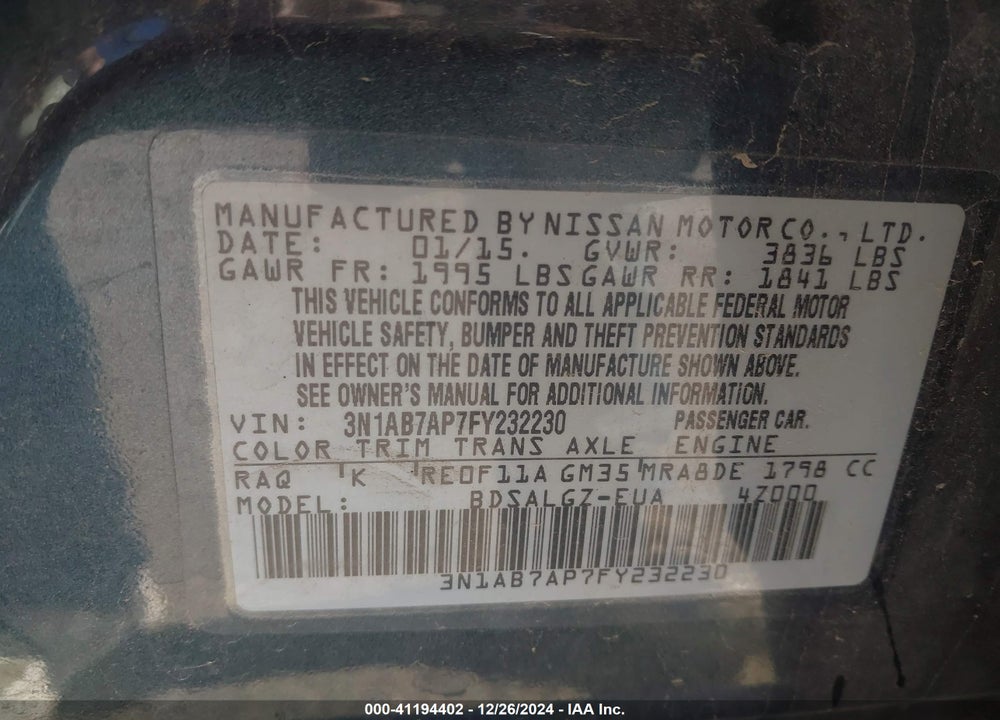 2015 NISSAN SENTRA VIN: 3N1AB7AP7FY232230