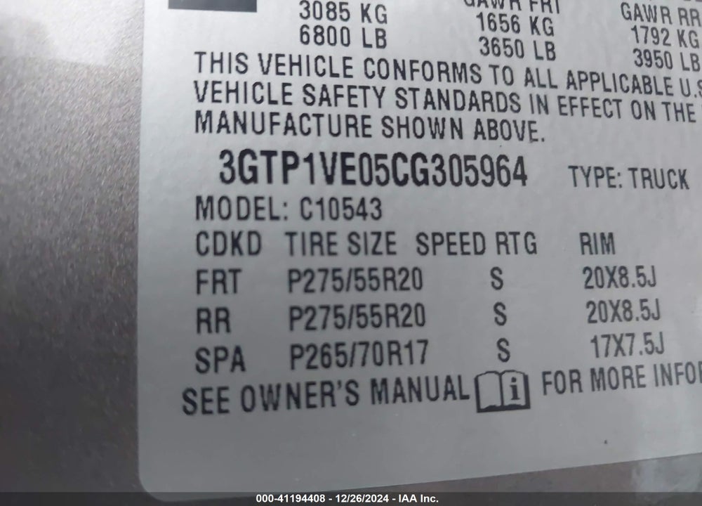 2012 GMC SIERRA VIN: 3GTP1VE05CG305964