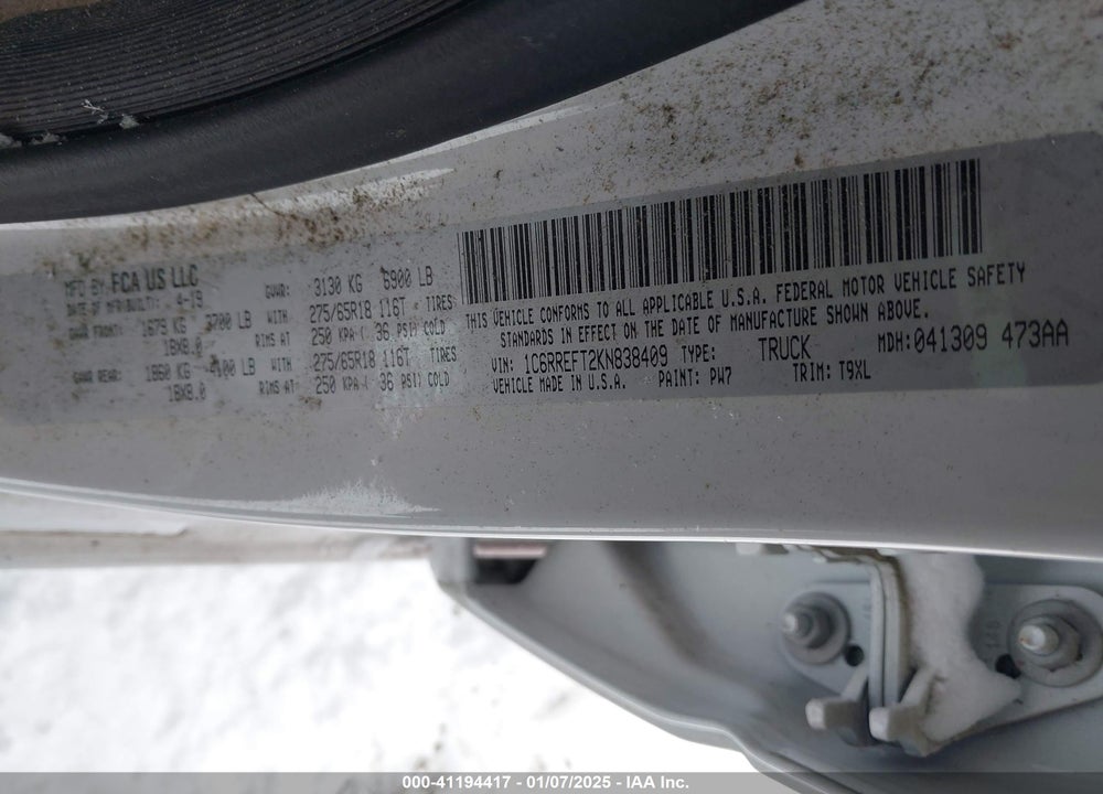 2019 RAM 1500 VIN: 1C6RREFT2KN838409
