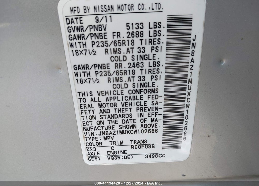 2012 NISSAN MURANO S VIN: JN8AZ1MUXCW102666