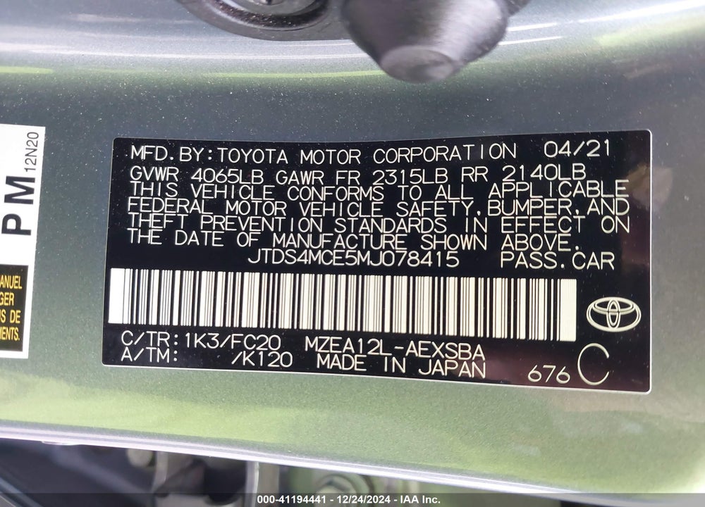 2021 TOYOTA COROLLA SE VIN: JTDS4MCE5MJ078415
