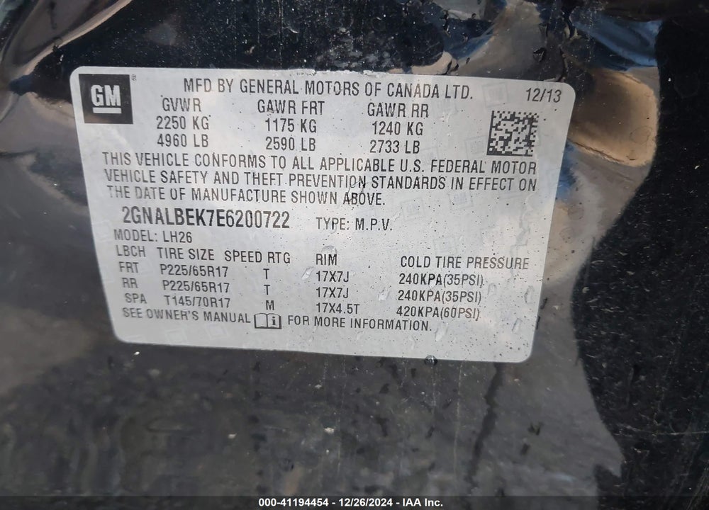 2014 CHEVROLET EQUINOX 1LT VIN: 2GNALBEK7E6200722