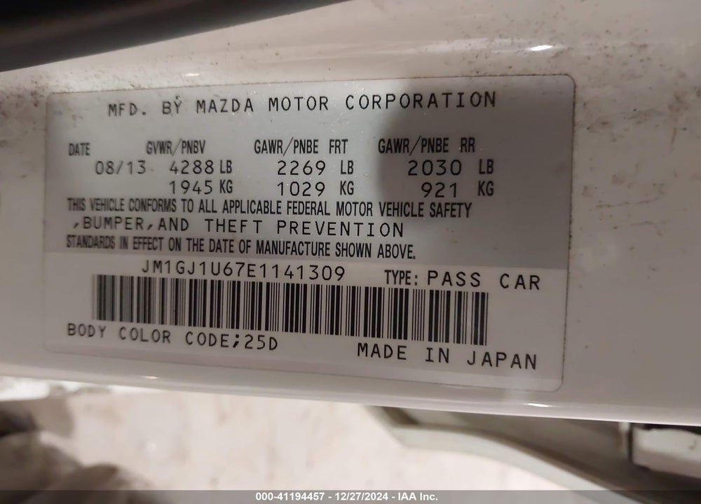 2014 MAZDA 6 I SPORT VIN: JM1GJ1U67E1141309