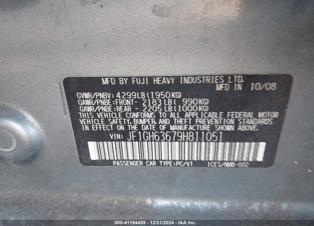 2009 SUBARU IMPREZA VIN: JF1GH63679H811051