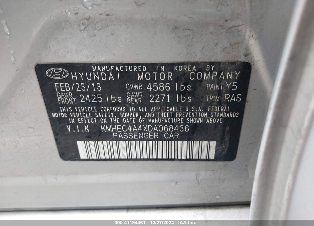 2013 HYUNDAI SONATA VIN: KMHEC4A4XDA068436