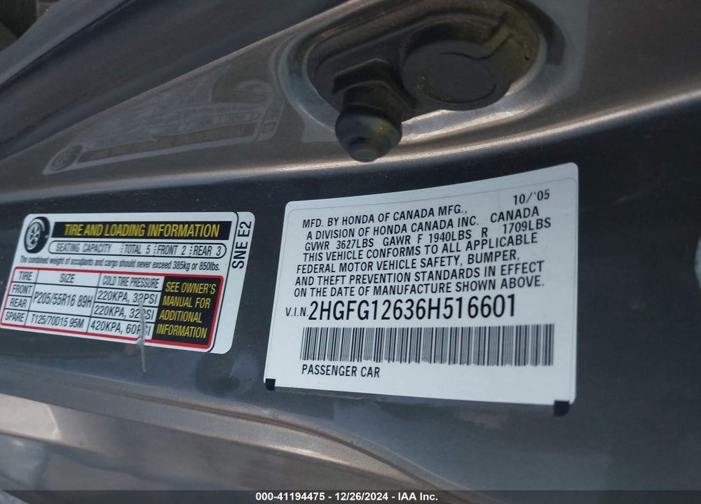 2006 HONDA CIVIC VIN: 2HGFC12636H516601