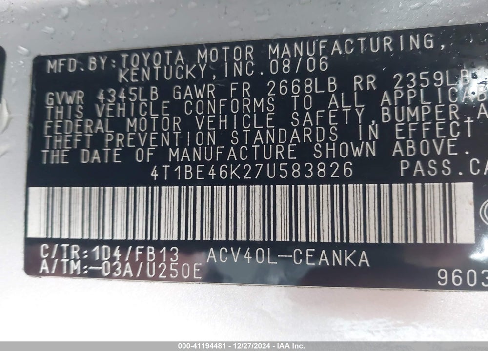2007 TOYOTA CAMRY LE VIN: 4T1BE46K27U583826