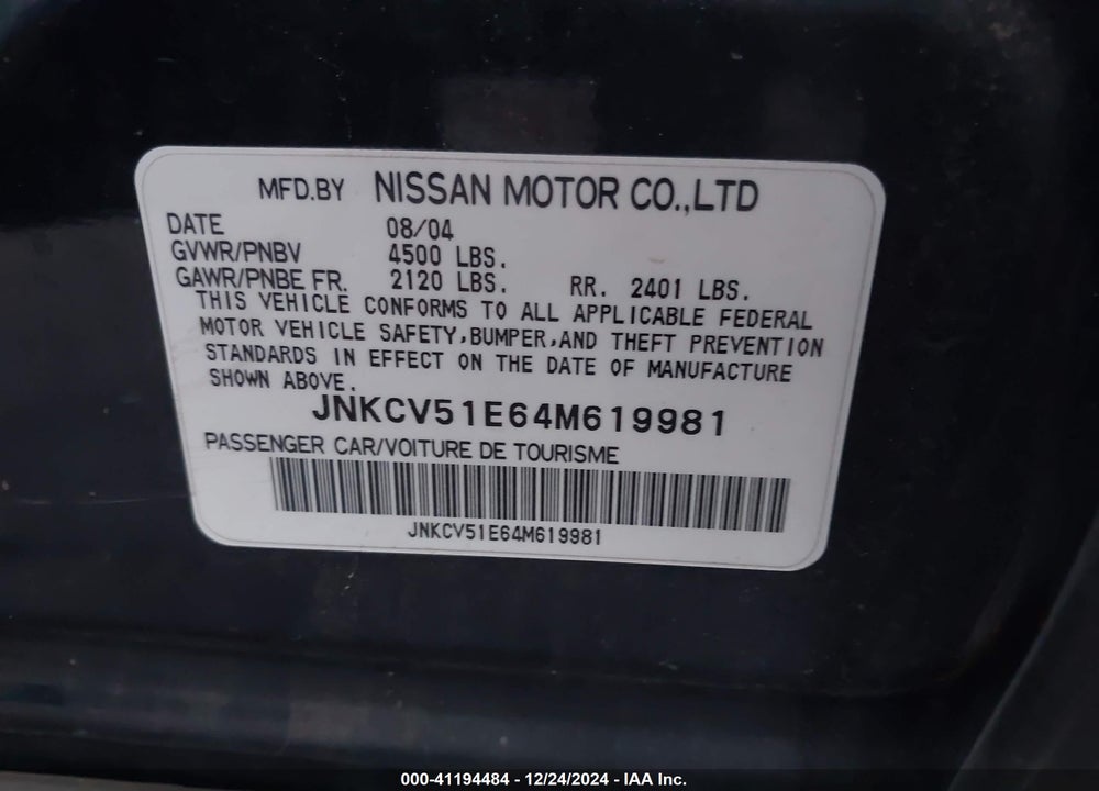2004 INFINITI G35 VIN: JNKCV51E64M619981