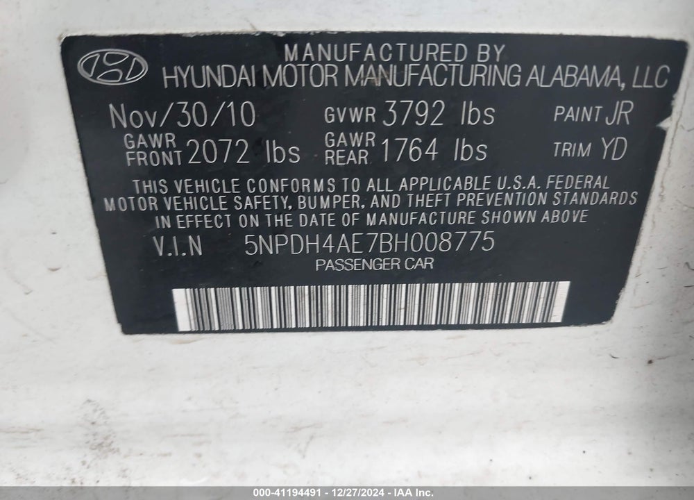 2011 HYUNDAI ELANTRA VIN: 5NPDH4AE7BH008775