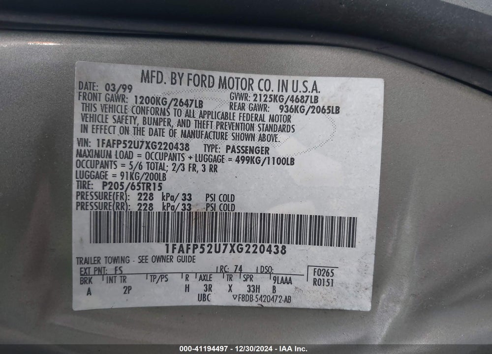 1999 FORD TAURUS LX VIN: 1FAFP52U7XG220438