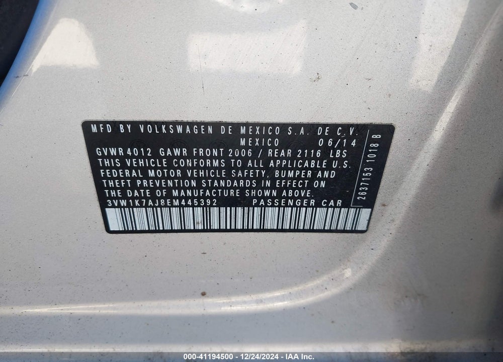 2014 VOLKSWAGEN JETTA 2.0L S VIN: 3VW1K7AJ8EM445392