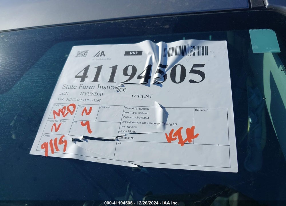2021 HYUNDAI ACCENT SE VIN: 3KPC24A61ME141268