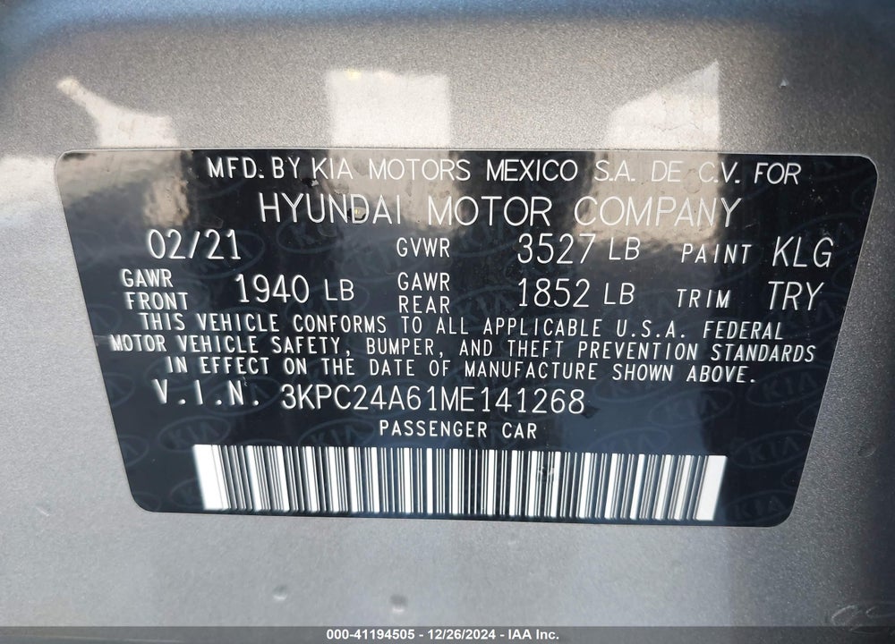 2021 HYUNDAI ACCENT SE VIN: 3KPC24A61ME141268