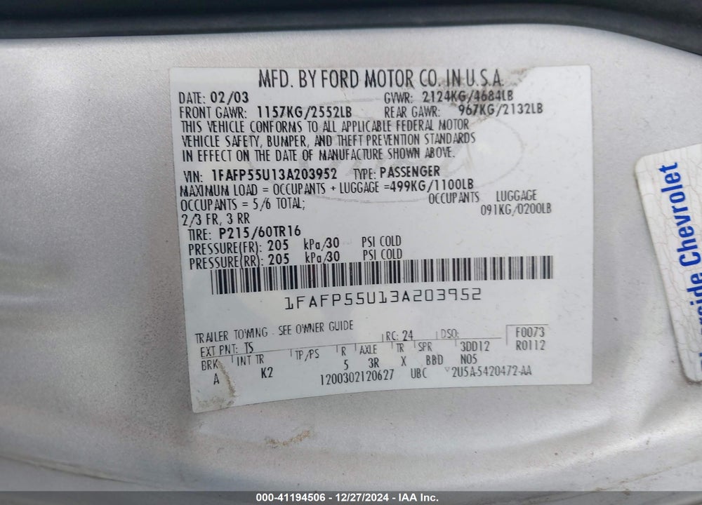 2003 FORD TAURUS SES VIN: 1FAFP55U13A203952