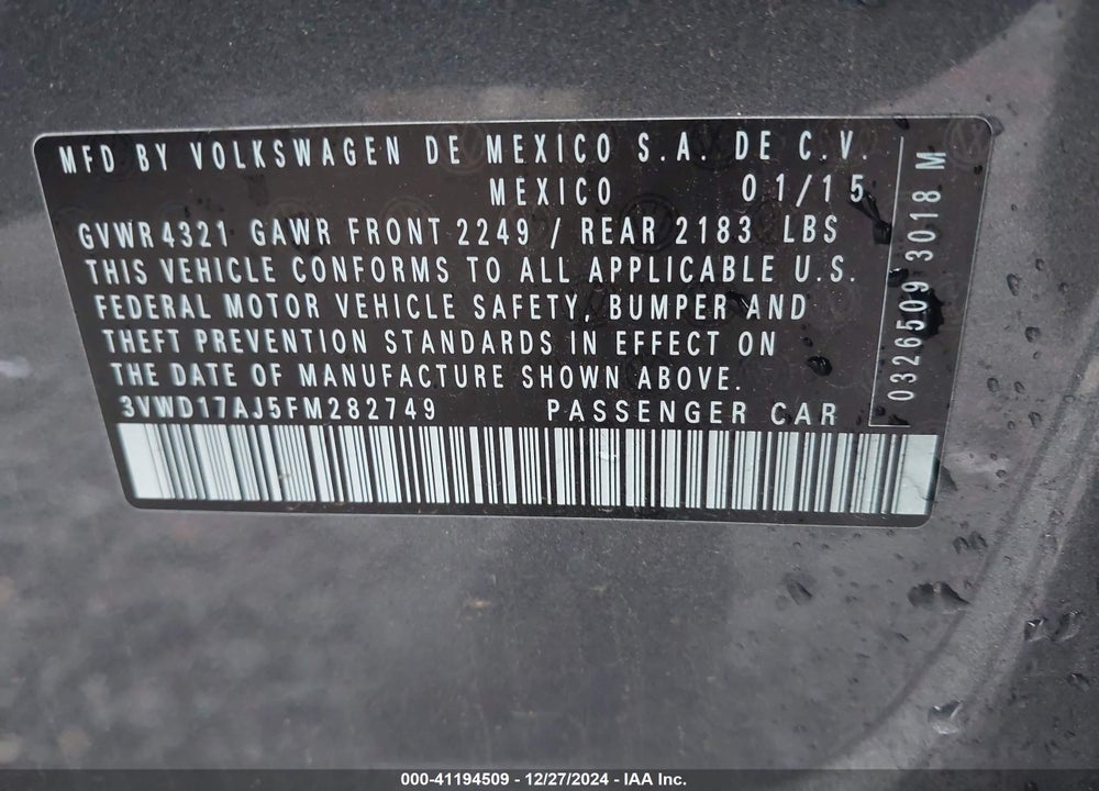 2015 VOLKSWAGEN JETTA 1.8T SE VIN: 3VWD17AJ5FM282749