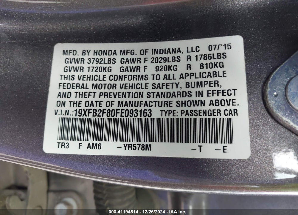 2015 HONDA CIVIC EX VIN: 19XFB2F80FE093163