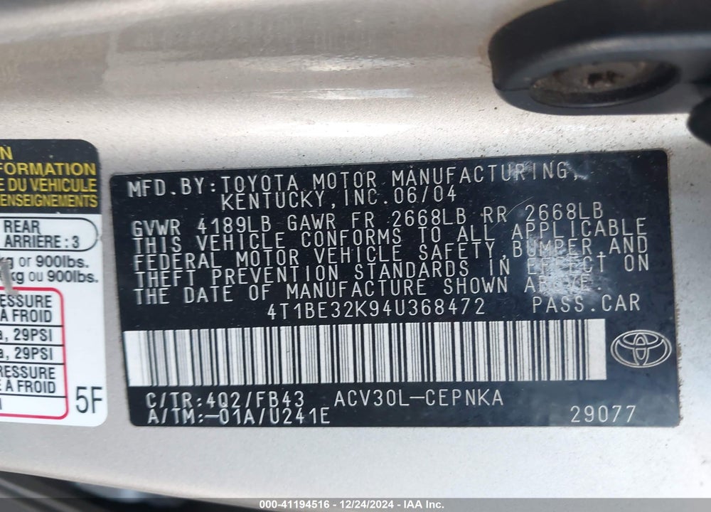 2004 TOYOTA CAMRY LE VIN: 4T1BE32K94U368472
