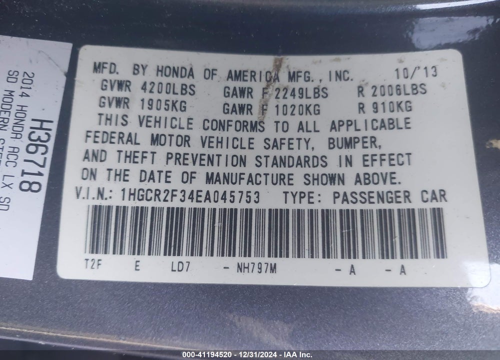 2014 HONDA ACCORD LX VIN: 1HGCR2F34EA045753