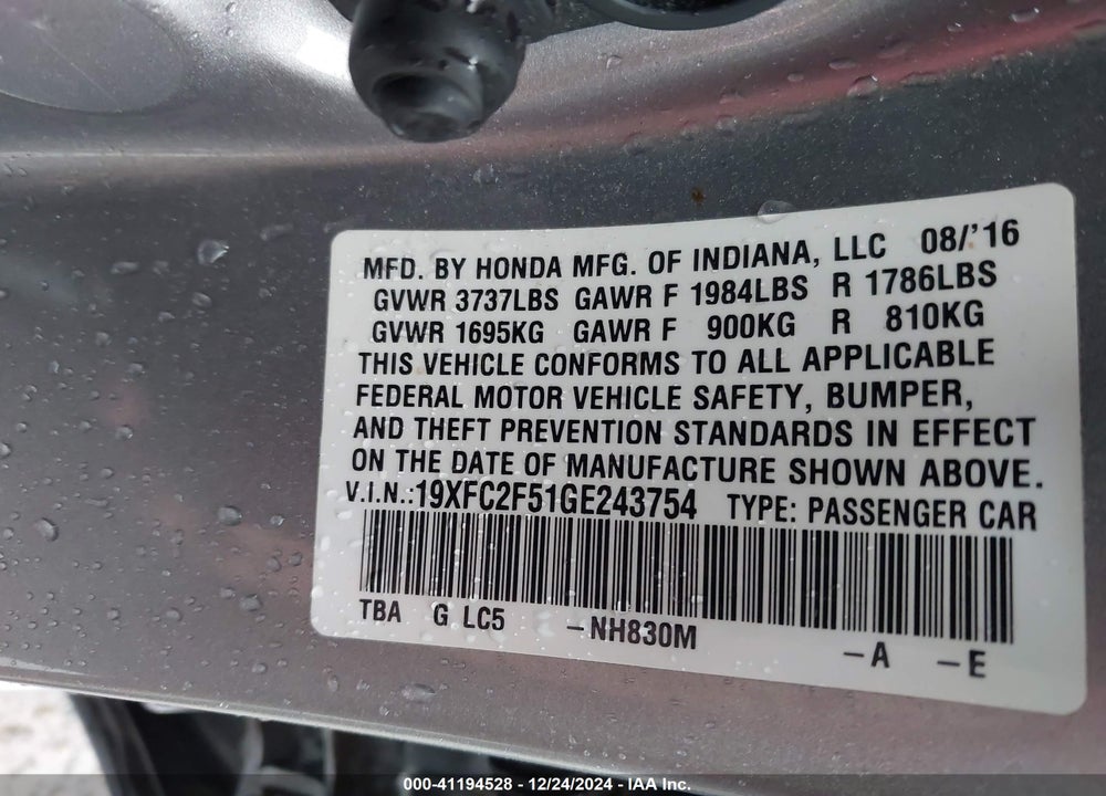 2016 HONDA CIVIC VIN: 19XFC2F51GE243754