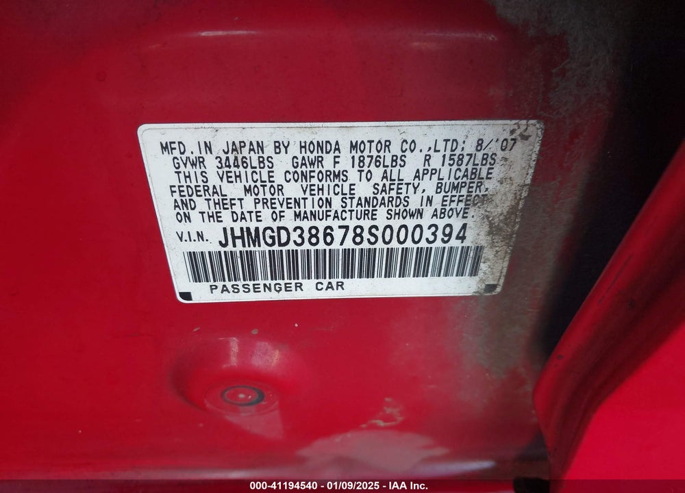 2008 HONDA FIT VIN: JHMGD38678S000394