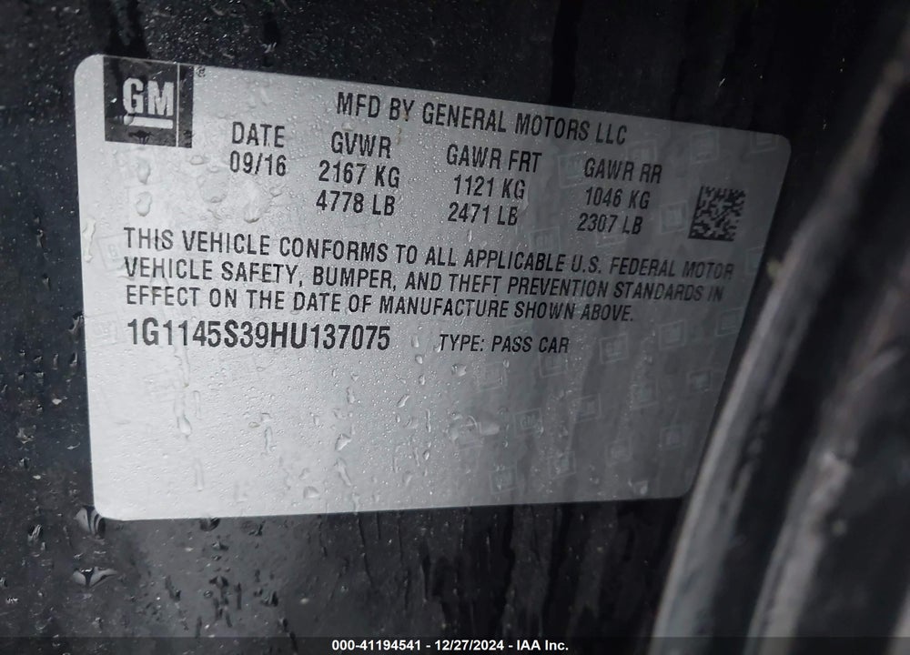 2017 CHEVROLET IMPALA VIN: 1G1145S39HU137075