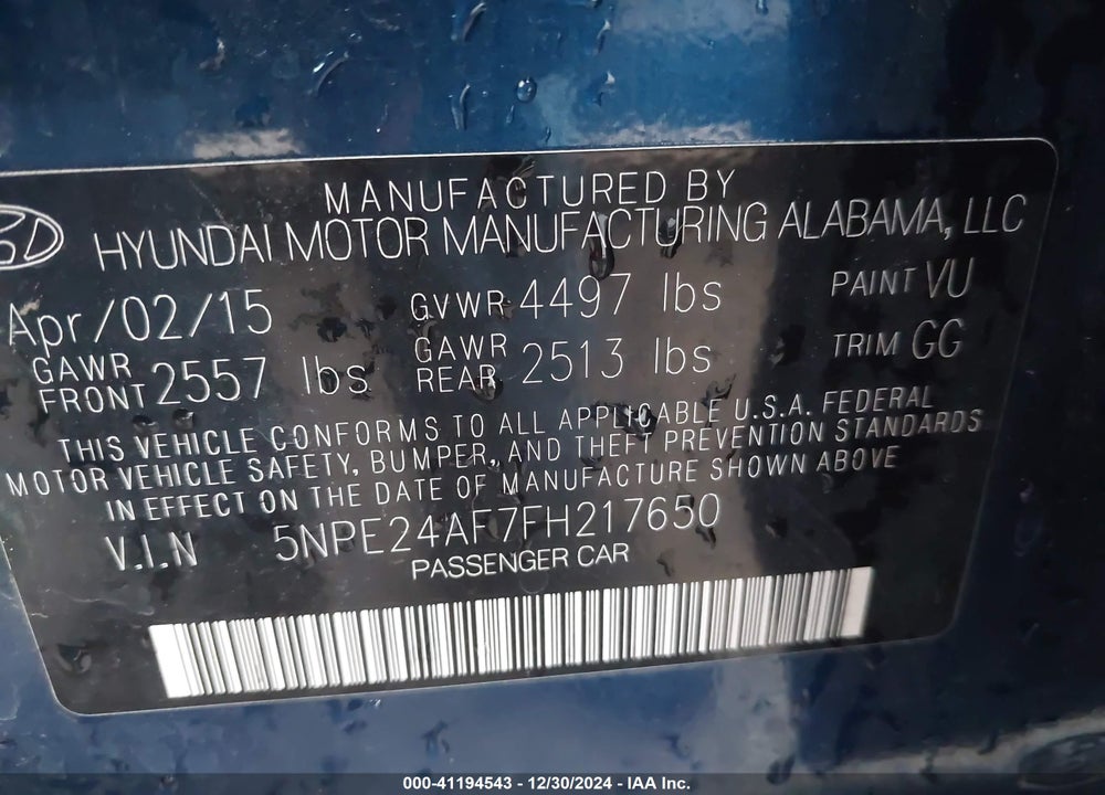 2015 HYUNDAI SONATA SE VIN: 5NPE24AF7FH217650