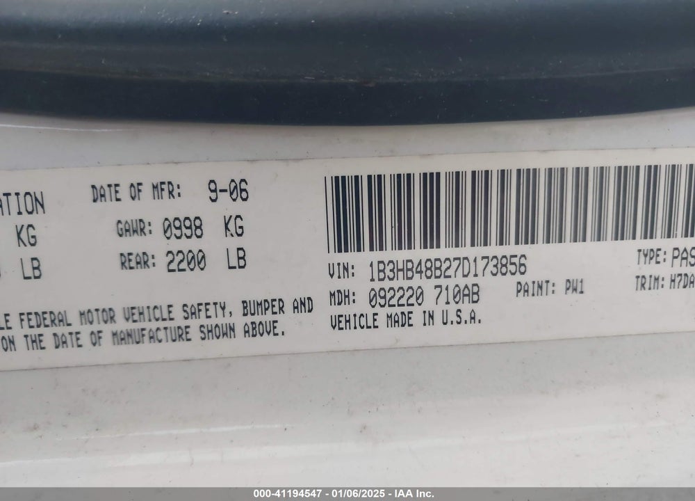 2007 DODGE CALIBER VIN: 1B3HB48B27D173856