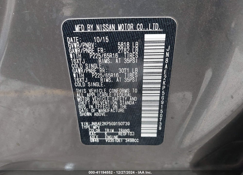 2016 NISSAN QUEST PLATINUM/S/SL/SV VIN: JN8AE2KP5G9150739