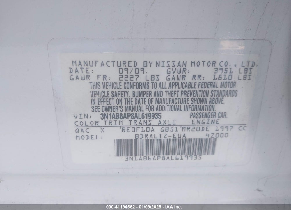 2010 NISSAN SENTRA 2.0/2.0S/SR/2.0SL VIN: 3N1AB6AP8AL619935