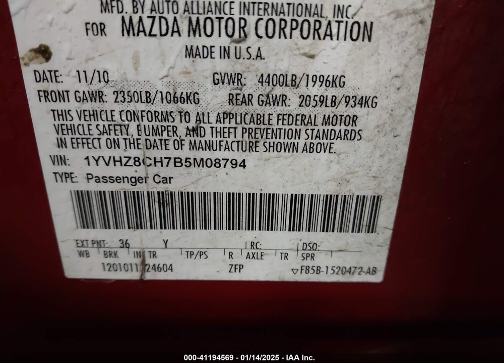 2011 MAZDA MAZDA6 VIN: 1YVHZ8CH7B5M08794
