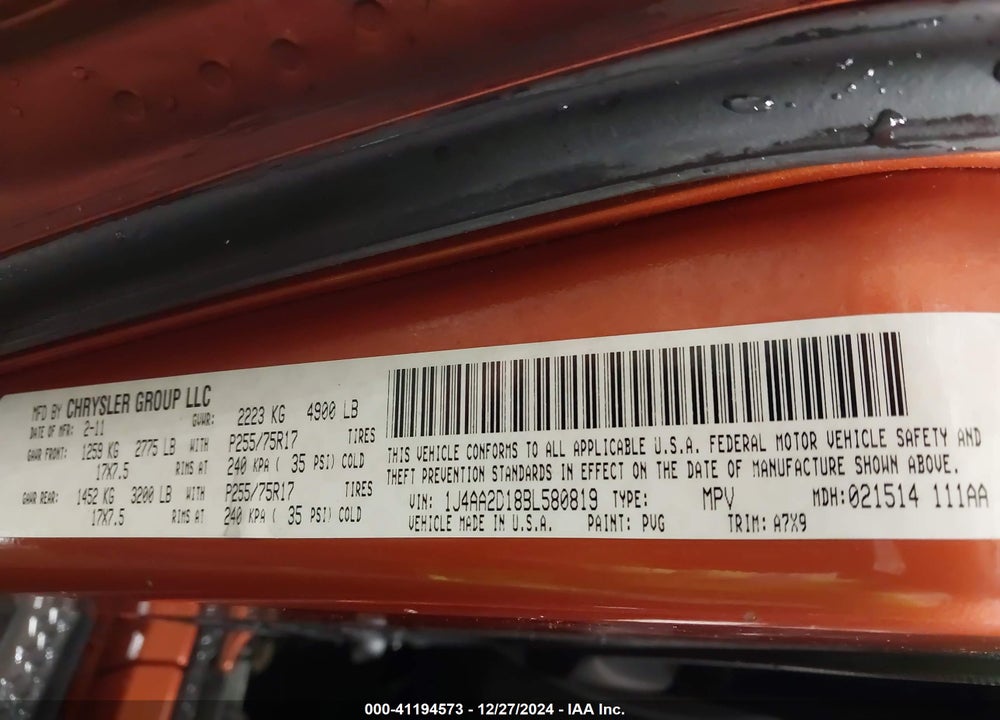 2011 JEEP WRANGLER SPORT VIN: 1J4AA2D18BL580819
