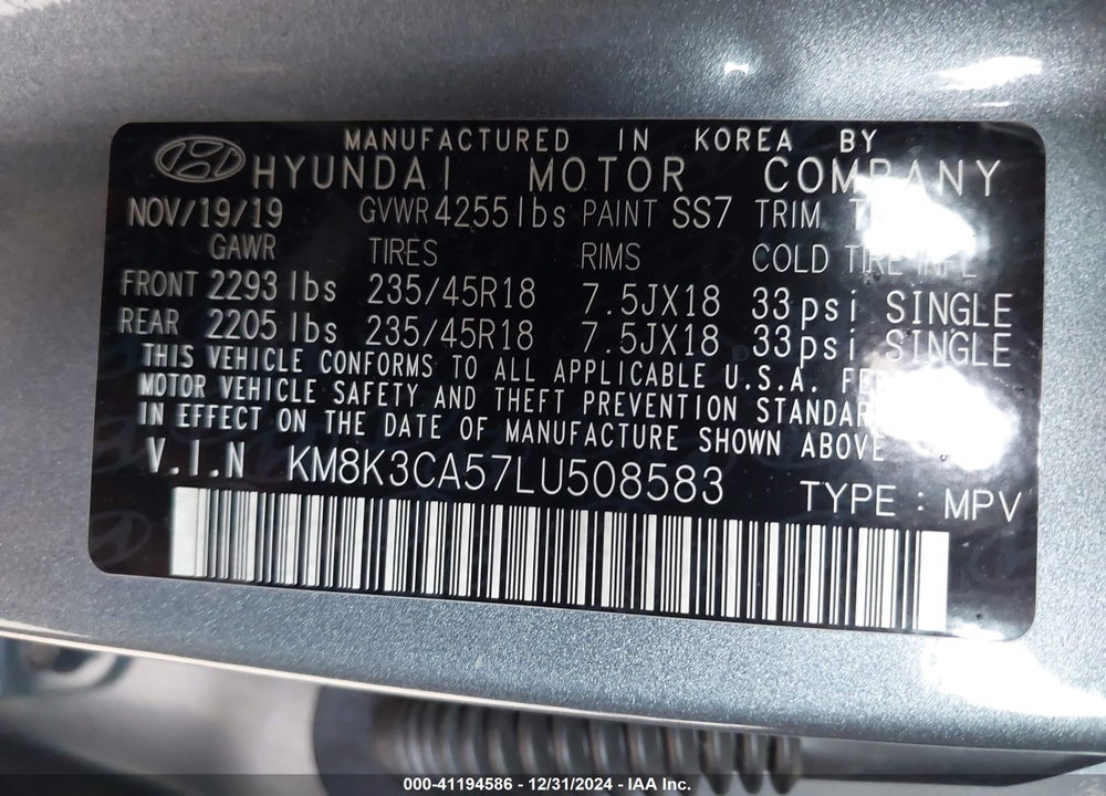 2020 HYUNDAI KONA LIMITED VIN: KM8K3CA57LU508583