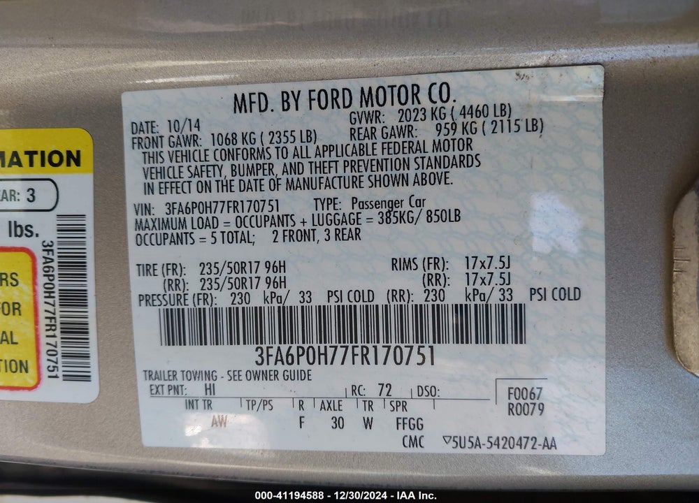 2015 FORD FUSION SE VIN: 3FA6P0H77FR170751