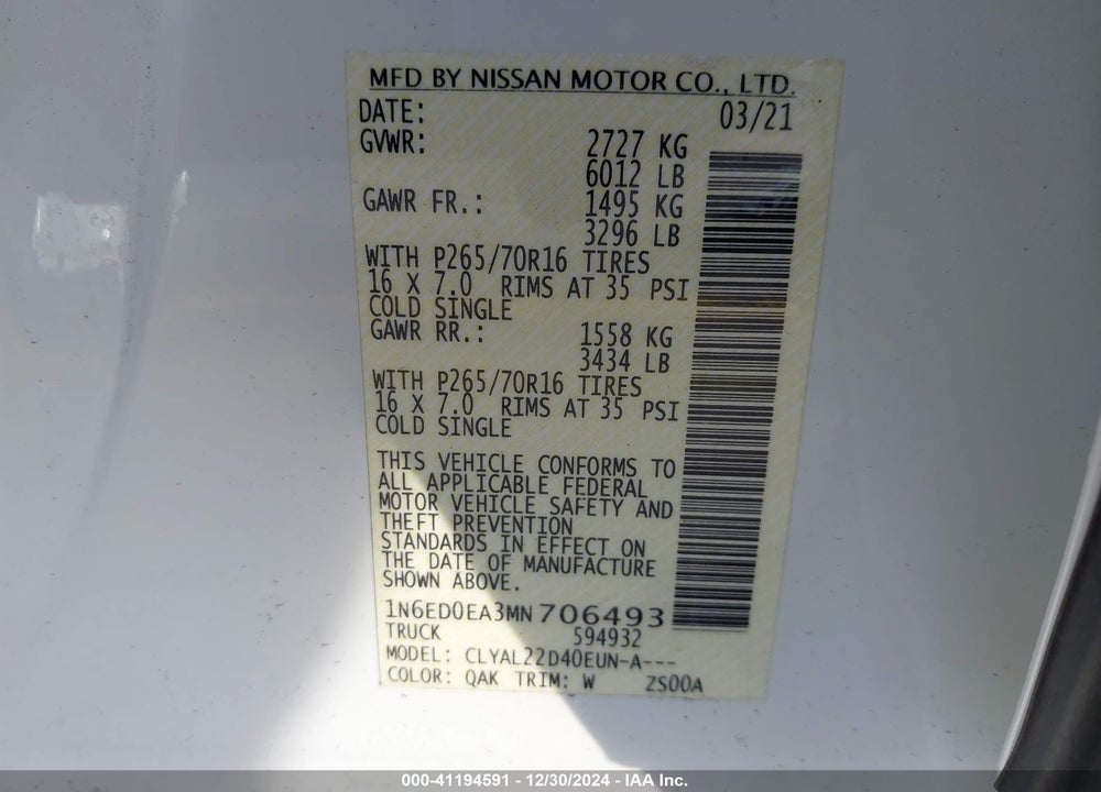 2021 NISSAN FRONTIER VIN: 1N6ED0EA3MN706493