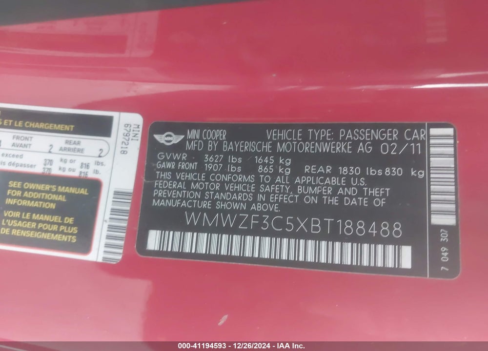 2011 MINI COOPER CLUBMAN VIN: WMWZF3C5XBT188488