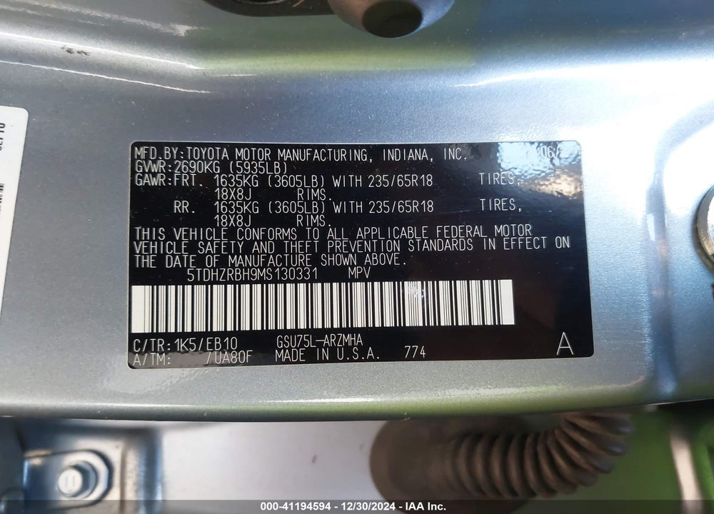 2021 TOYOTA HIGHLANDER XLE VIN: 5TDHZRBH9MS130331